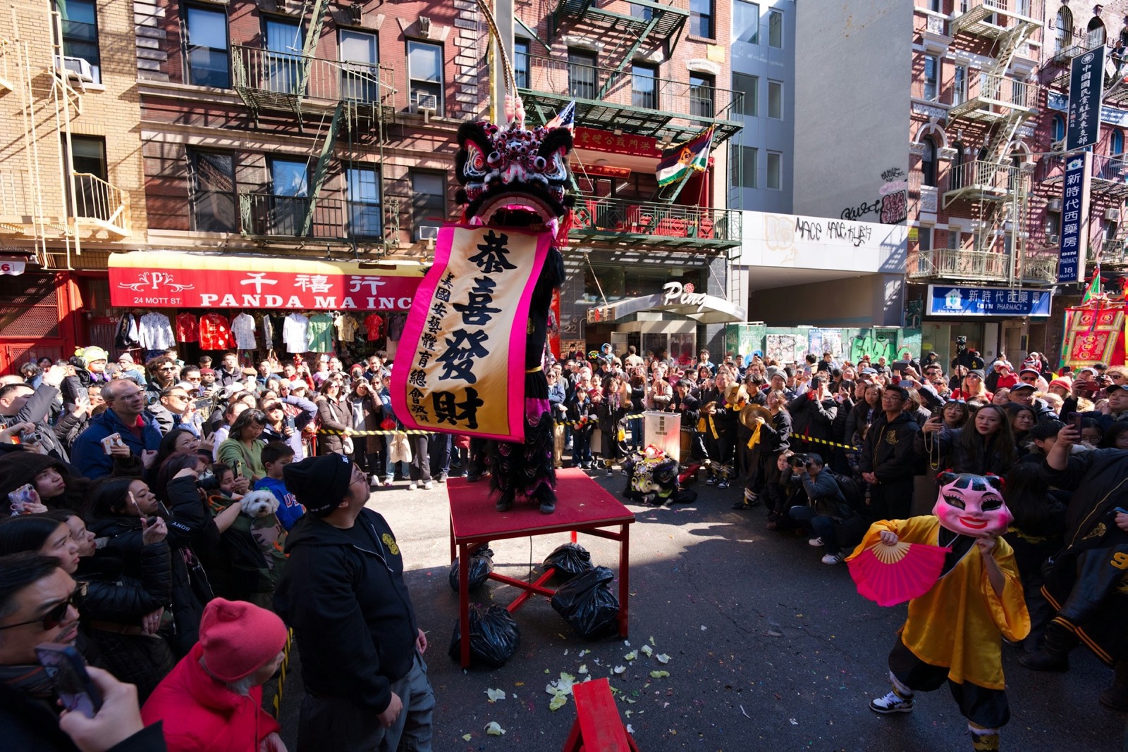 A lion dance performance draws a packed crowd on a Chinatown street during Lunar New Year